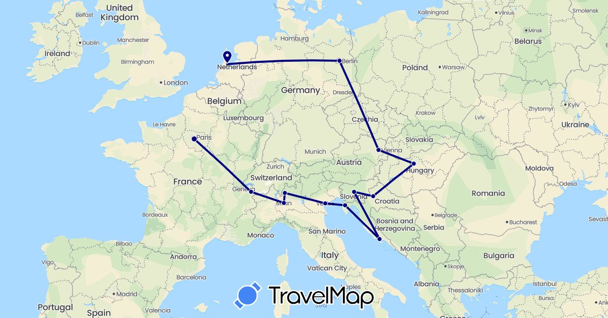 TravelMap itinerary: driving in Austria, Germany, France, Croatia, Hungary, Italy, Netherlands, Slovenia (Europe)