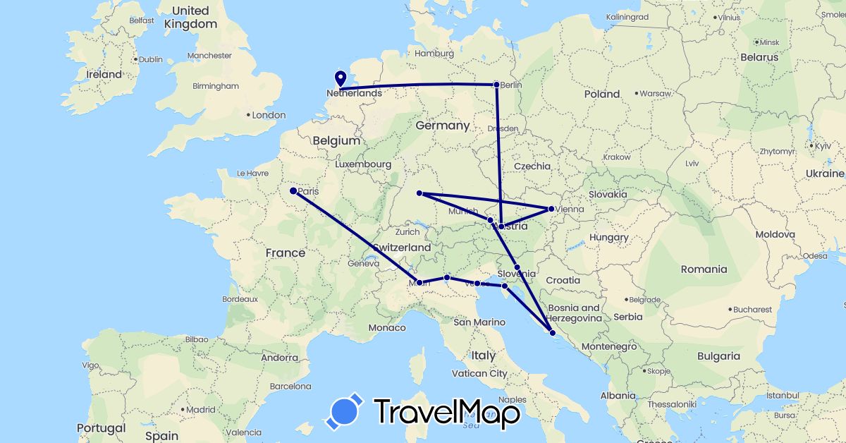 TravelMap itinerary: driving in Austria, Germany, France, Croatia, Italy, Netherlands, Slovenia (Europe)